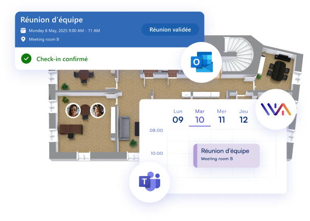 Cartographie des salles avec check-in intégré à Outlook et Microsoft Teams.