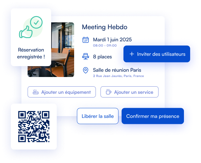 Application pour planifier une réunion avec invités, équipements (Wi-Fi, projecteur…), enregistrement automatique et option de libération ou confirmation de la salle.