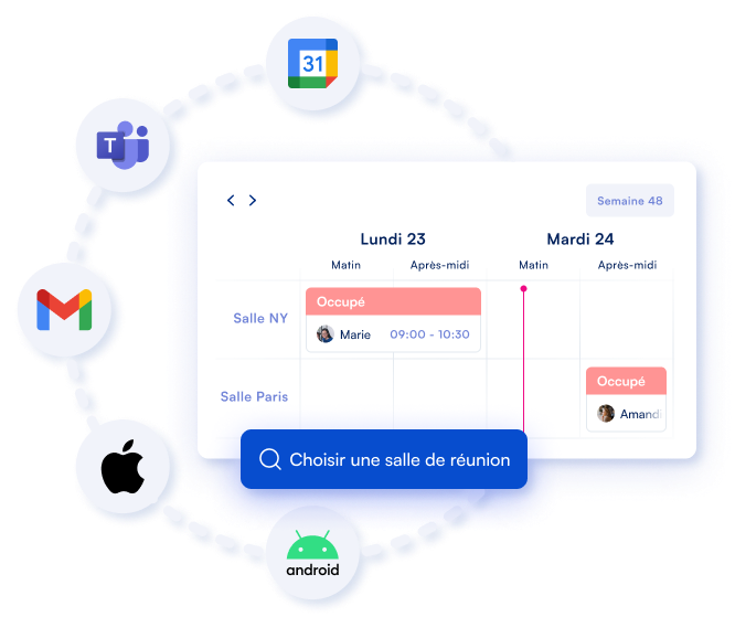 Application de réservation de salles compatible iOS, Android, avec modules intégrés à Gmail, Google Calendar et Microsoft Teams pour un usage professionnel simplifié.