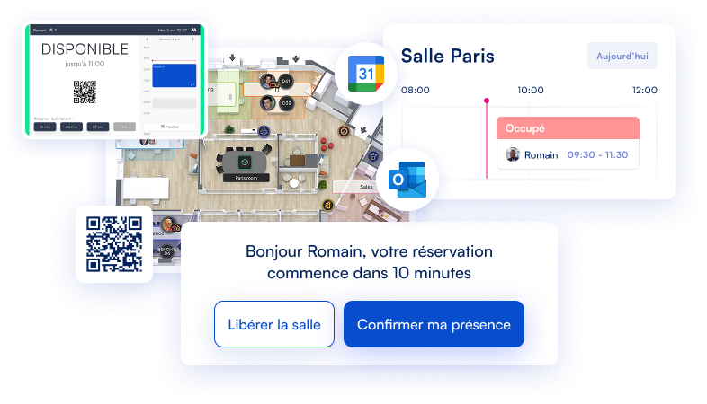 Application de gestion d’espaces de réunion montrant une tablette, le plan des bureaux, un horaire de salle et une demande de confirmer ou annuler la réservation.
