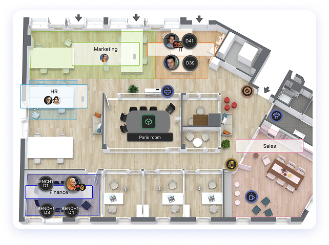Carte des bureaux montrant les open spaces et salles de réunion réservables, avec des services comme la visio, le café ou l’équipement audiovisuel.