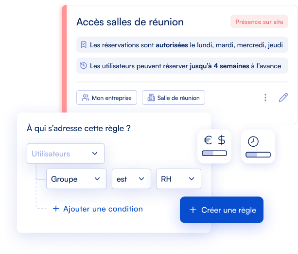 Application de réservation de bureaux avec règles d’accès configurables selon un système de quotas, de crédits ou de paiement pour chaque espace de travail.