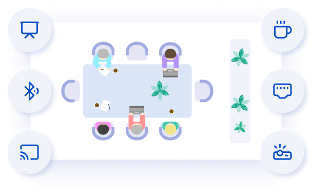 Salle de réunion personnalisable avec des services comme le Wi-Fi, le café, un écran, un projecteur ou la visio, via un logiciel de réservation d’espaces flexible.