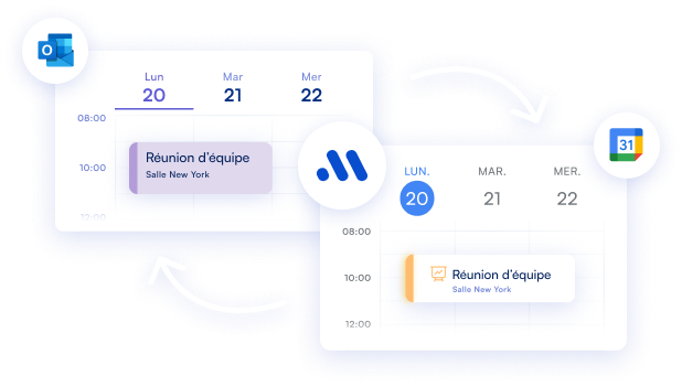Calendrier Outlook et Google affichant les réunions synchronisées avec MOFFI, pour une gestion intégrée des réservations de salles et des événements.