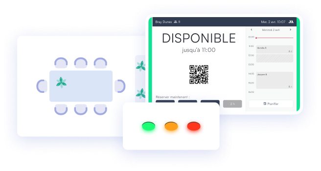 Voyants de couleur (vert, rouge, orange) ou tablette à l’entrée d’une salle pour afficher sa disponibilité en temps réel grâce à l’application de réservation connectée.