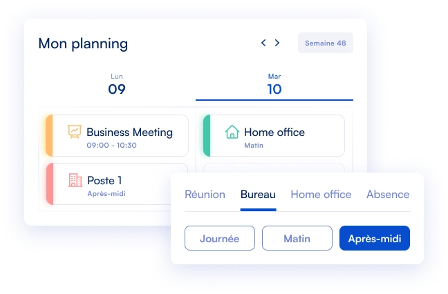 Vue du planning personnel des jours de télétravail, d’absence et de présence