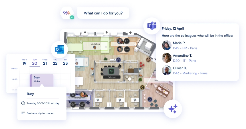 Map of flex office spaces and meeting rooms integrated with Teams and Outlook