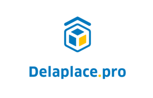 Logotype Delaplace.pro Bleu et jaune Cube au dessus